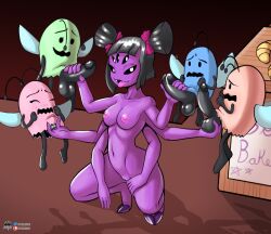 arachnid arthropod ball_fondling balls breasts crouching fairy female female/female fingering fondling fours_(artist) genitals handjob hi_res male male/female monster muffet multi_arm multi_limb penile purple_body pussy sex spider undertale undertale_(series) whimsun