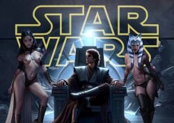 1boy 2girls ahsoka_tano ai_generated alien_girl anakin_skywalker choker female human male medium_breasts multiple_girls padme_amidala petite photo_manipulation photorealism photorealistic realistic sitting skinny spaceship spaceship_interior star_wars threesome throne toned toned_female topless topless_female