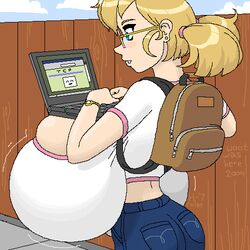 1girls 2004 artist_name back backpack bad_anatomy blonde_hair blue_eyes blush breasts cleavage color computer gigantic_breasts glasses huge_breasts laptop pixel_art smile text watch woot