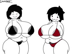 2girls areolae_slip ashley_(woodsglue) big_ass big_breasts bikini black_hair blush chubby hairy_pussy huge_breasts janice_(woodsglue) mother_and_daughter multiple_girls thick_thighs woodsglue