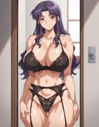 1girls ai_generated black_lingerie blush brown_eyes cameltoe covered_nipples doorway goonedoutp3rv hands_on_thighs huge_breasts light_smile lingerie long_hair looking_at_viewer misato_katsuragi neon_genesis_evangelion purple_hair smile standing standing_in_doorway thigh_gap