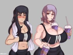 black_hair blush bozspa breasts_bigger_than_head breasts_comparison chainsaw_man drink_on_breasts earrings fami_(chainsaw_man) flustered grimace_shake gym_uniform huge_breasts huge_thighs mole mole_under_eye muscles muscular_female pink_hair red_eyes scar_on_face short_hair simple_background small_breasts towel twitter_meme yoru_(chainsaw_man)