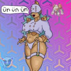 absurd_res breasts covered_eyes crop_top dark-skinned_female dark_skin english_text female game_freak green_hair hand_on_hip hi_res humanized humanized_pokemon large_breasts long_hair meme midriff navel nintendo open_mouth panties pokemon pokemon_(species) regirock rogue_(artist) solo speech_bubble thigh_strap underwear