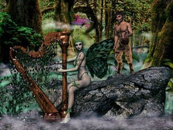 1boy 1girls body_fur body_hair erection female fog forest green_eyes green_skin hairy_male half-human harp hooves horns humanoid male monster_girl nipples nude nymph penis pointy_ears satyr straight tree wine