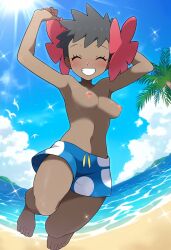 ai_generated beach breasts phoebe_(pokemon) pokemon smile swim_trunks topless