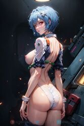 1girls agh_hent ai_generated alternate_version_available blue_hair breasts looking_at_viewer looking_back neon_genesis_evangelion no_bra plugsuit purple_eyes rei_ayanami short_hair solo