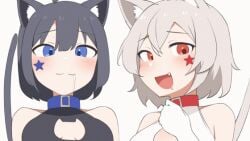 2girls animal_ears animated black_hair blue_eyes cat_bra cat_ears cat_girl cat_tail collar daebom fang kemonomimi m18_hellcat nekomimi one_fang red_eyes small_breasts smug_face sticker_on_face tail tongue war_thunder white_hair