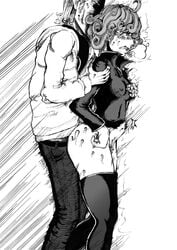 1boy 1girls ambiguous_penetration bared_teeth breast_grab clothed_sex covered_nipples cowboy_shot curly_hair doggy_style erect_nipples erect_nipples_under_clothes female from_side fucked_silly greyscale heavy_breathing height_difference highres hoodie king_(one-punch_man) monochrome no_pants one-punch_man shaded_face short_hair small_breasts stomach_bulge straight tatsumaki thegoldensmurf thighhighs