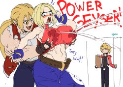 1girls 2boys aqua_eyes bag big_breasts blonde_hair blue_eyes blue_mary blush breasts busty caught curvy denim dot_eyes english_text fatal_fury female female_orgasm fingerless_gloves garou:_mark_of_the_wolves gloves grabbing grabbing_another's_breast groping highres jacket jeans king_of_fighters lactation large_breasts long_hair low_ponytail male midriff multiple_boys muscular muscular_male navel open_clothes open_door open_jacket open_mouth orgasm pants rock_howard short_hair smile snk surprised teeth terry_bogard wet wet_clothes wide_hips