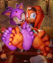 3d_(artwork) 5_toes 699mha anthro barefoot blaze_the_cat clothed clothing digital_media_(artwork) duo feet female foot_fetish foot_focus hi_res humanoid_feet looking_at_viewer plantigrade sega soles sonic_(series) sonic_adventure sonic_the_hedgehog_(series) talking_to_viewer tikal_the_echidna toes