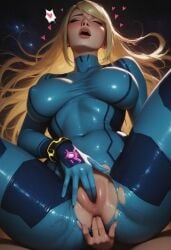 1girls ai_generated bimbo blonde_hair blush crotch_cutout eyes_closed female female_focus female_only fingering_ass fingering_pussy masturbating masturbation metroid navel_visible_through_clothes nintendo orgasm_face pussy samus_aran solo taintedart zero_suit_samus