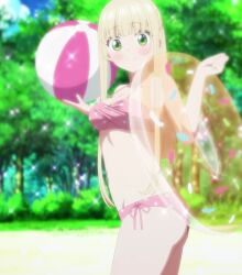 beach beach_ball bikini bikini_bottom bikini_top blonde_hair blush female female_focus female_only green_eyes izumi_noeru long_hair one_room_hiatari_futsuu_tenshi-tsuki pink_bikini pink_bikini_bottom pink_bikini_top polka_dot_bikini presenting screencap screenshot small_breasts stitched yuki_onna