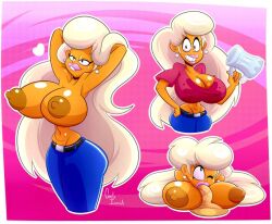 1girls big_breasts biting_lip blonde_hair blowjob breasts clothing female female_only gorila_invisible_(artist) hourglass_figure huge_breasts human lipstick long_hair looking_at_viewer nipples oral paizuri penis smile the_simpsons titania_(the_simpsons) voluptuous voluptuous_female yellow_skin