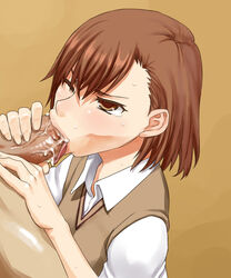 1boy 1girls :>= blowjob brown_background brown_eyes brown_hair dark_penis fellatio female human koma_neko male misaka_mikoto oral penis school_uniform schoolgirl straight teenage_girl teenager to_aru_kagaku_no_railgun to_aru_majutsu_no_index tokiwadai_school_uniform uncensored young