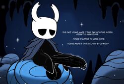 absurd_res ai_generated anthro arthropod balls big_balls big_penis black_body clothing erection genitals glans hellsonger hellsonger_hollow_knight_ai_art hi_res hollow_knight horn huge_balls huge_cock humanoid_genitalia humanoid_penis insects long_penis male penis protagonist_(hollow_knight) sitting solo solo_male team_cherry text thick_penis vein veiny_penis vessel_(species)