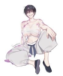 1girls bandage bandaged_chest big_breasts black_hair blood blood_on_face blood_stain breasts breasts_out genderswap genderswap_(mtf) green_eyes jujutsu_kaisen large_breasts looking_at_viewer milf pants pixie_cut rule_63 scarred_face shoes short_hair sitting small_waist smile smirk solo solo_female tagme toji_fushiguro tomboy very_short_hair white_background