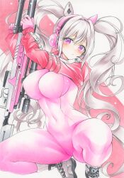 1girls alice_(nikke) ass_visible_through_thighs blush bodysuit breasts female_only goddess_of_victory:_nikke pink_eyes squatting thick_thighs tight_clothing twintails white_background white_hair wide_hips