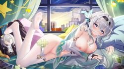 :t absurdres artist_name ass barefoot bed_sheet blue_eyes blush breasts character_doll cleavage clothing_cutout curtains female firefly_(honkai:_star_rail) gradient_background green_hair hair_between_eyes hair_ornament head_on_pillow highres honkai:_star_rail honkai_(series) indoors jewelry jndfh large_breasts leaf_hair_ornament legs_up long_hair looking_at_viewer lying multicolored_eyes multiple_girls navel nipples no_shoes on_side photo_(object) pillow pussy ring soles solo star_(symbol) stelle_(honkai:_star_rail) stockings thighhighs toes trailblazer_(honkai:_star_rail) urban very_long_hair white_hair white_sleeves white_thighhighs window yellow_eyes