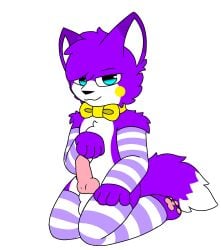 3_toes animal_genitalia animal_penis anthro arm_tuft black_nose blue_eyes bow_tie canid canine canine_genitalia canine_penis cat_smile cheek_tuft chest_tuft digital_drawing_(artwork) digital_media_(artwork) dipstick_tail eyebrows facial_tuft feet femboy fox froxyfox fur genitals head_tuft hi_res looking_at_viewer male mammal markings pawpads penis pink_pawpads pink_penis purple_body purple_fur shoulder_tuft simple_background tail tail_markings toes tuft white_background white_inner_ear white_tail_tip yellow_bow_tie yellow_cheeks
