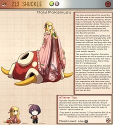 1boy 1girls blonde_hair character_profile chibi creature_index english_text female generation_2_pokemon highres human japanese_clothes kimono kinkymation long_hair male monster_girl nintendo pokemon pokemon_(species) pokemorph pokemusu shuckle text text_box