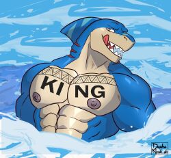 1boy abs anthro blue_body blue_fur draha_kyoshi fish licking_own_lips looking_down marine multicolored_body multicolored_fur nipples nux nux_shark nux_thairon ocean on_water open_mouth pecs shark shark_fin shark_teeth tan_body tan_fur tattoo teeth_showing tongue_out water yellow_eyes