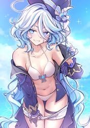 1girls beach bikini blue_eyes blue_hair breasts fei_lio_mao female female_only furina_(genshin_impact) genshin_impact hat jacket naughty_face shorts small_breasts smile teasing