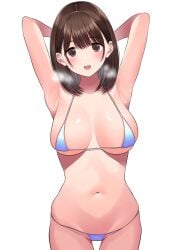 1female 1girls ai_generated anegasaki_nene armpits arms_up bangs belly belly_button big_breasts bikini bikini_bottom bikini_top breasts commentary_request english_commentary female female_only hi_res highres light-skinned_female light_skin looking_at_viewer love_plus short_hair short_hair_female simple_background solo solo_female very_high_resolution