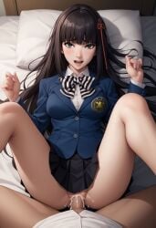 ai_generated blush cum_in_pussy cum_inside embarrassed hair_ornament hifumi_togo long_hair missionary_position persona persona_5 persona_5_royal vaginal_penetration