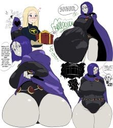 2girls ass ass_expansion beast_boy big_belly black_leotard blush breast_expansion breasts cape dc dc_comics digestion expansion fatal_vore female female_pred female_prey huge_ass huge_breasts leotard ltaf present present_box raven_(dc) same_size_vore sexy tagme teen_titans terra_(dc) thick_thighs thigh_expansion vore weight_gain
