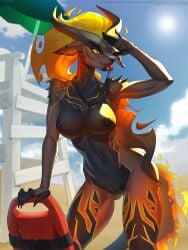 3:4 ansart anthro athletic athletic_anthro beach big_breasts black_body blonde_hair breasts detailed_background dragon female fire genitals hair hi_res horn lifeguard long_hair mythological_creature mythological_scalie mythology nastywolf613 nipples pompeii_(timberwolfl) pussy scalie solo wingless_dragon yellow_eyes