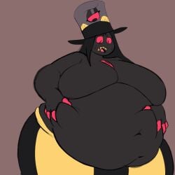 big_belly big_breasts black_body black_skin c4rn1v0r0u5 chubby chubby_male fangs fat fat_man grabbing_belly grabbing_own_belly hat hazbin_hotel holding_belly looking_down male male_breasts male_only obese obese_male open_mouth overweight overweight_male red_sclera reptile serpentine sir_pentious_(hazbin_hotel) snake solo solo_male sweat