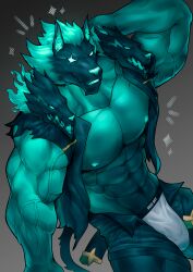 abs anthro biceps big_bulge bulge canid canine canis cerberus cerberus_(fortnite) demon epic_games fortnite male male_only muscular_anthro muscular_male pecs penis_outline penis_under_clothes underwear wolf