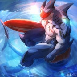 abs anthro blue_body blue_fur fish holding_surfboard icecreamtiger lifeguard looking_down marine multicolored_body muscular muscular_anthro muscular_male nipples nude on_water pecs red_cap seated shark shark_fin shark_tail solo surfboard