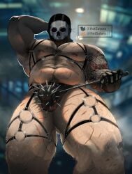 balaclava bara bara_tiddies bara_tits barazoku biceps body_hair bondage bondage_gear bondage_harness bondage_outfit call_of_duty call_of_duty_modern_warfare_2_(2022) colored dad_bod digital_drawing_(artwork) dilf dominant_male ghost_(modern_warfare_2) gloves hairy_male harness himbo hotsatans looking_at_viewer low-angle_view male male_focus male_only mask mask_on_head masked masked_male muscular no_visible_genitalia pecs perspective pinup pinup_pose posing posing_for_the_viewer riding_crop simon_riley solo_male spiky_cock suggestive_pose suggestive_posing tattoo_on_arm tattooed_arm tattoos
