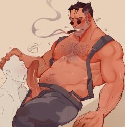 anon bara bara_tiddies bara_tits barazoku big_penis blowjob cigar daddy dilf hairy_chest hand_on_head hazylulu male_focus male_only medic medic_(team_fortress_2) older_male oral penis solo_male team_fortress_2 tf2 tummy valve