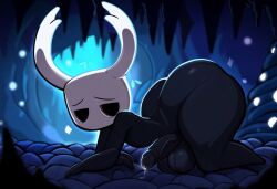 absurd_res ai_generated all_fours anthro arthropod ass balls big_balls big_butt big_penis black_body black_eyes black_skin bodily_fluids cave clothing dripping erection femboy foreskin genital_fluids genitals glans hellsonger hellsonger_hollow_knight_ai_art hi_res hollow_knight horn huge_balls huge_cock humanoid_genitalia humanoid_penis insects looking_at_viewer male penis precum precum_drip precum_string protagonist_(hollow_knight) purple_glans retracted_foreskin small_but_hung solo team_cherry thick_penis thick_thighs vein veiny_penis vessel_(species)