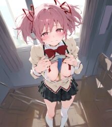 ai_generated breasts_out female female_only looking_at_viewer madoka_kaname mahou_shoujo_madoka_magica object_between_breasts open_shirt pink_eyes pink_hair puella_magi_madoka_magica school school_uniform schoolgirl solo tears twintails unhappy_female