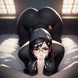 1boy 1girls ai_generated ass_up bed big_penis blowjob bodysuit braided_hair cum cum_in_mouth dokkaebi_(rainbow_six) facial female glasses large_breasts looking_at_viewer male penis pov rainbow_six_siege