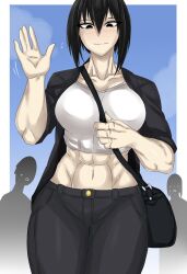 1girls abs athletic_female crop_top dark_hair female_focus freckles muscular_female original original_character takano_togainu_(zokosuke) waving waving_at_viewer zokusuke