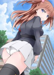 07th_expansion 2015 ange_ushiromiya ass blue_eyes city_background female female_focus female_only looking_at_viewer nemu_(nebusokugimi) panties red_hair skirt thighhighs umineko_no_naku_koro_ni upskirt viewed_from_behind white_panties