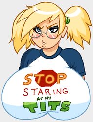 angry baseball_shirt blonde_hair blue_eyes blush breasts cleavage clothed embarrassed english glasses hair_tie huge_breasts impossible_shirt woot