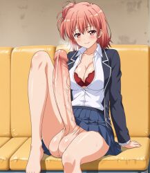 ai_generated big_breasts blush bra futanari half-closed_eyes huge_cock my_teen_romantic_comedy_snafu precum school_uniform yuigahama_yui