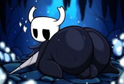 absurd_res ai_generated anthro arthropod ass balls beetle big_balls big_butt black_body black_skin bodily_fluids cave cloak clothing fecharis femboy genitals hellsonger hellsonger_hollow_knight_ai_art hi_res hollow_knight horn insects looking_back male presenting protagonist_(hollow_knight) solo solo_male sweat team_cherry thick_thighs vessel_(species) weapon