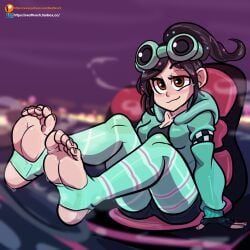 1female 1girls 2020 aged_up black_hair black_hair_female brown_eyes brown_eyes_female clothed clothed_female clothing feet female foot_fetish presenting_feet presenting_foot ralph_breaks_the_internet reathroch sfw sweat sweating sweaty_body sweaty_feet vanellope_von_schweetz wreck-it_ralph