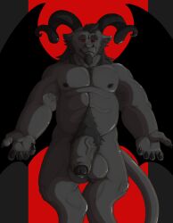 abs anthro ass balls beard big_balls big_penis black_body black_fur black_hair black_horn black_penis black_wings body_hair bovid caprine caprine_demon claws cross curled_horn demon digital_media_(artwork) facial_hair foreskin fur genitals genitamls glowing glowing_eyes goat_demon hair hi_res horn humanoid_genitalia humanoid_penis inverted_cross long_foreskin looking_at_viewer male mammal musclegut muscular muscular_anthro muscular_male nipples pecs penis presenting presenting_hindquarters presenting_penis red_background red_eyes satan sideburns sillywerwolf simple_background smile solo spread_wings vein veiny_penis wings