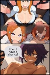 ai_generated bimbo bimbo_body bimbofication bleach blowjob comic comic_strip deepthroat fellatio female huge_breasts inoue_orihime mullon multiple_girls novelai oral shihouin_yuushirou story surrounded_by_penises voluptuous voluptuous_female