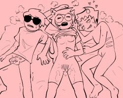 1girls 2boys aftermath alien balls black_hair blonde_hair breasts bucktooth cuntboy dave_strider dog_ears dog_girl female glasses grey_skin homestuck homestuck_troll horn horns intersex jade_harley jadedavekarkat male penis pussy sunglasses threesome trio trio_focus troll