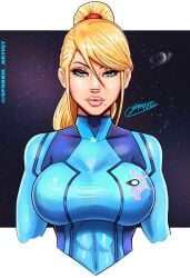 athletic athletic_female big_breasts bimbo blonde_hair blue_eyes breasts busty female female_focus female_only makeup mascara metroid nintendo samus_aran sparkietheartist tagme zero_suit_samus