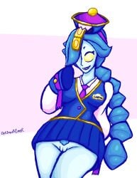 1girls blue_skin brawl_stars clothed colette_(brawl_stars) inspector_colette showing_pussy upskirt yellow_eyes