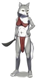 absurd_res anthro bottomwear canid canine canis clothing female fur grey_body grey_fur hi_res loincloth machete maddee mammal melee_weapon solo weapon wolf